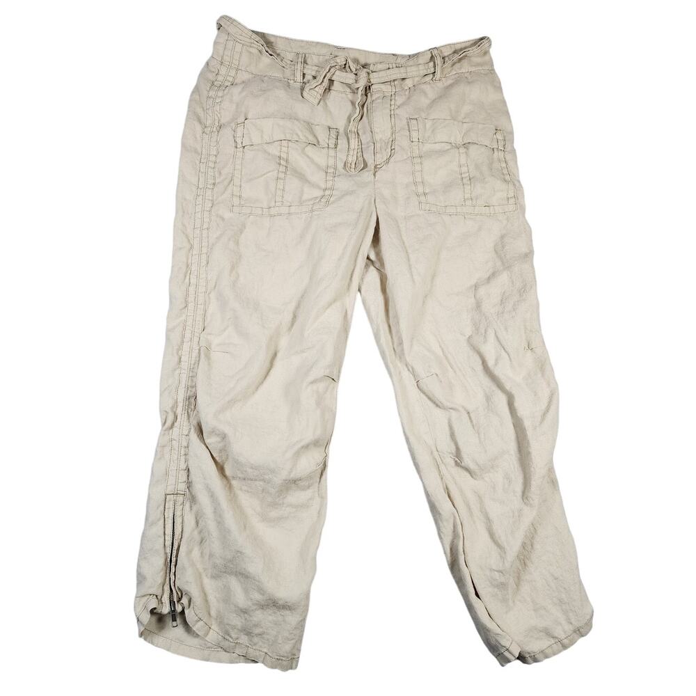 Tommy Hilfiger Sz 10‎ Y2k Tan 100% Linen Crop Tie Waist Low Rise Zip Leg Pants